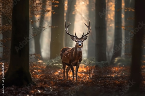 Majestic Woodland Wanderer: Close-up Shot of a Deer Among the Forest Trees © Arthur