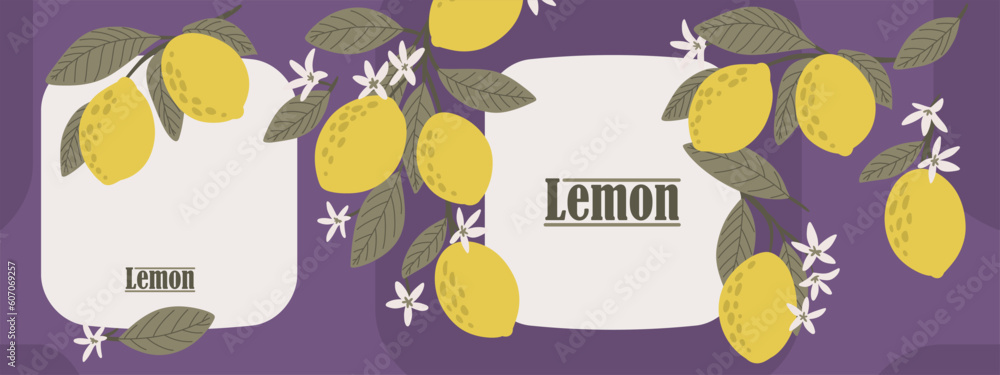 label with lemon fruits and flowering lemons