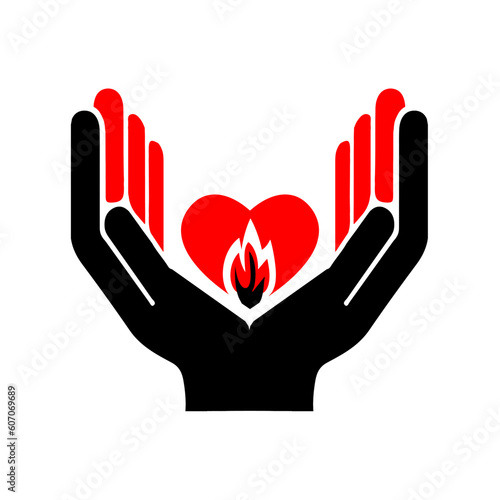 Icon hands holding heart on white background. Symbol medical and care. Logo give love. Valentines day logotype.