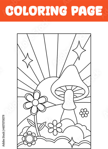 Coloring page game for kids. 70s, 90s groovy poster, retro print with hippie elements. Printable worksheet with solution for school and preschool. Learning numbers activity.