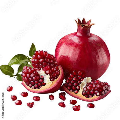 one whole and part of a Juicy pomegranate fruit with pomegranate seeds and leaves isolated on white background, clipping path and generative ai, png file