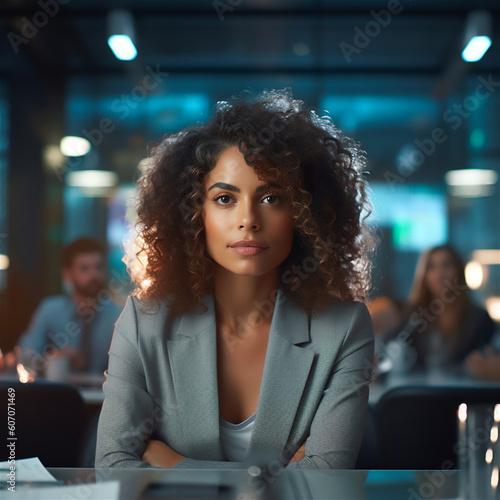 Confident Businesswoman: Professional Gaze at the Camera in a Corporate Office, AI generated