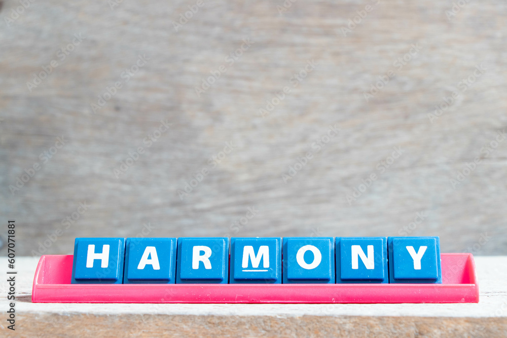 Obraz premium Tile alphabet letter with word harmony in red color rack on wood background