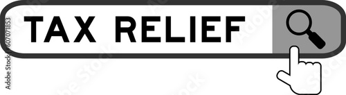 Search banner in word tax relief with hand over magnifier icon on white background