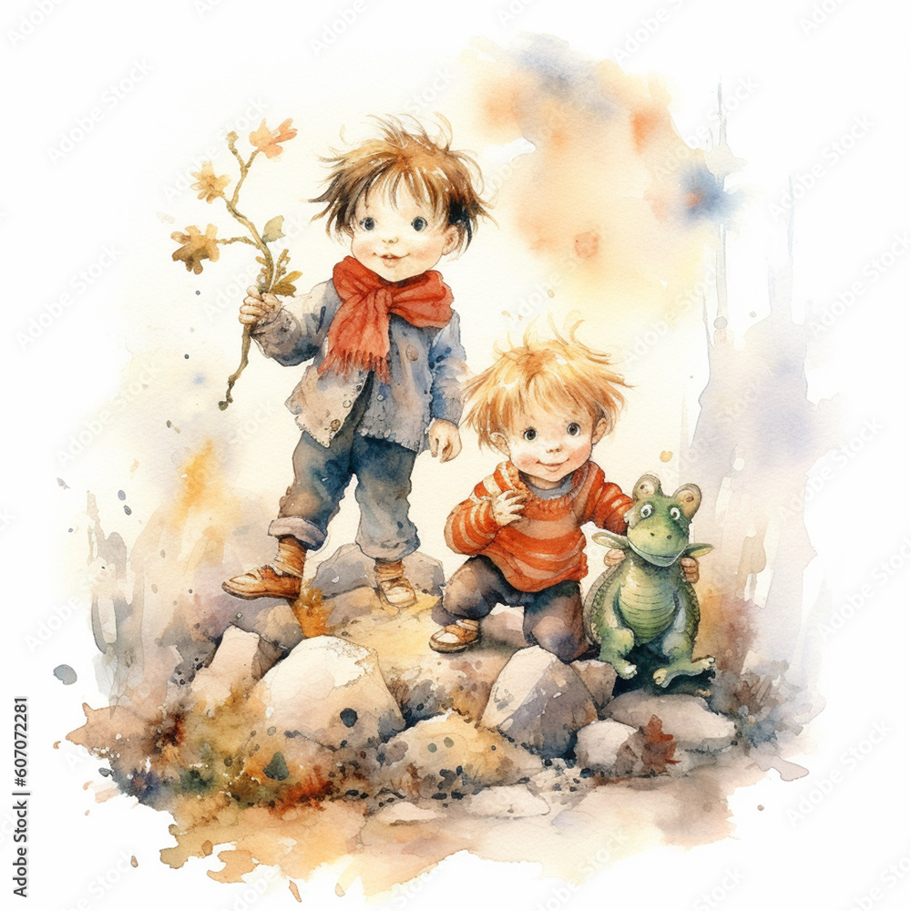 Watercolor illustration children's illustration happy kids play and have fun