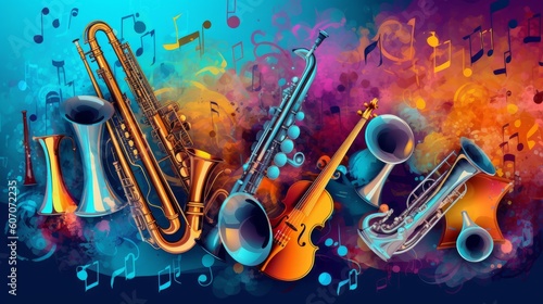 Assorted  collage of different colorful musical instruments and music notes. Guitar keyboard Brass percussion studio music concept. Generative AI. photo