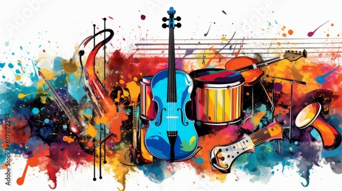 Assorted collage of different colorful musical instruments and music notes. Guitar keyboard Brass percussion studio music concept. Generative AI.