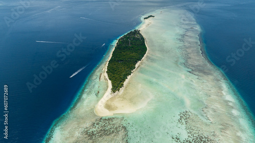 Obraz na plátně Tropical island Mataking with coral reef and atoll view from above