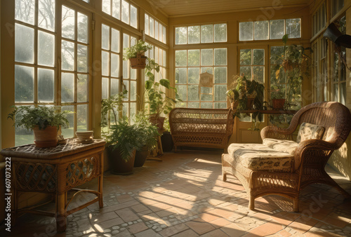 a living area in a tropical house with furniture indoors, in the style of detailed botanic studies, sunrays shine upon it, generative AI © Kien