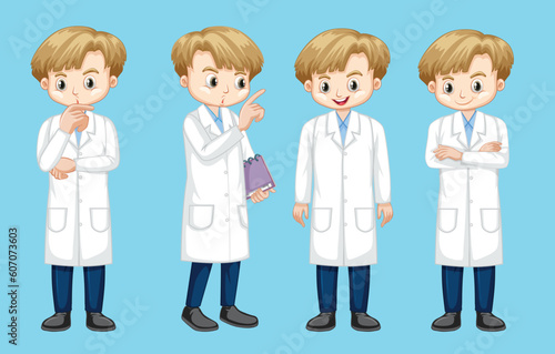 Set of boy in science gown doing many actions