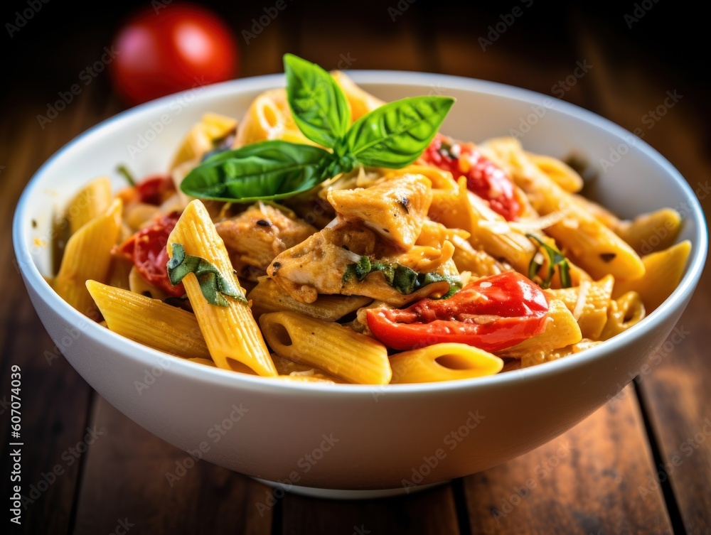 Penne pasta in tomato sauce with chicken in a bowl. Generative AI Penne pasta in tomato sauce with chicken in a bowl. Generative AI