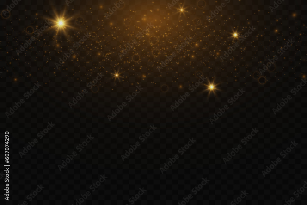 Christmas gold dust, yellow sparks and golden stars shine with a special light. The vector sparkles with sparkling fairy dust particles. On a transparent background.