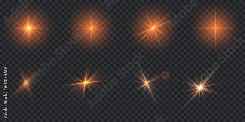 Shining golden stars isolated on transparent background. Effects, glare, lines, glitter, explosion, golden light. Vector illustration