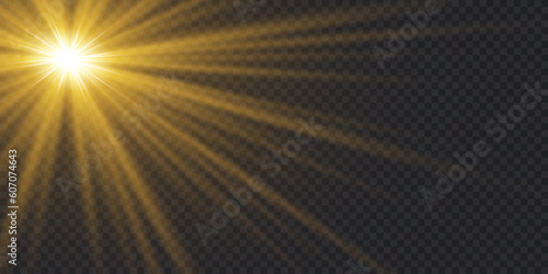 Sunlight with bright explosion, flare effect with beams of light and magic sparkles, sunbeams, yellow ray effect, blur in radiance light, front sun lens flare. Vector illustration. 