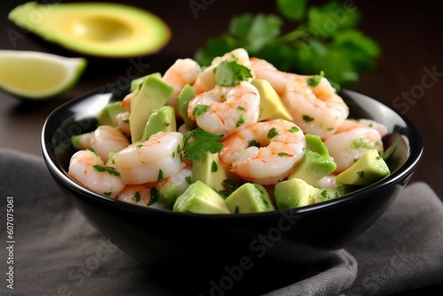 A fresh shrimp and avocado salad with plump shrimp, creamy avocado, and a zesty dressing. (Generative AI)
