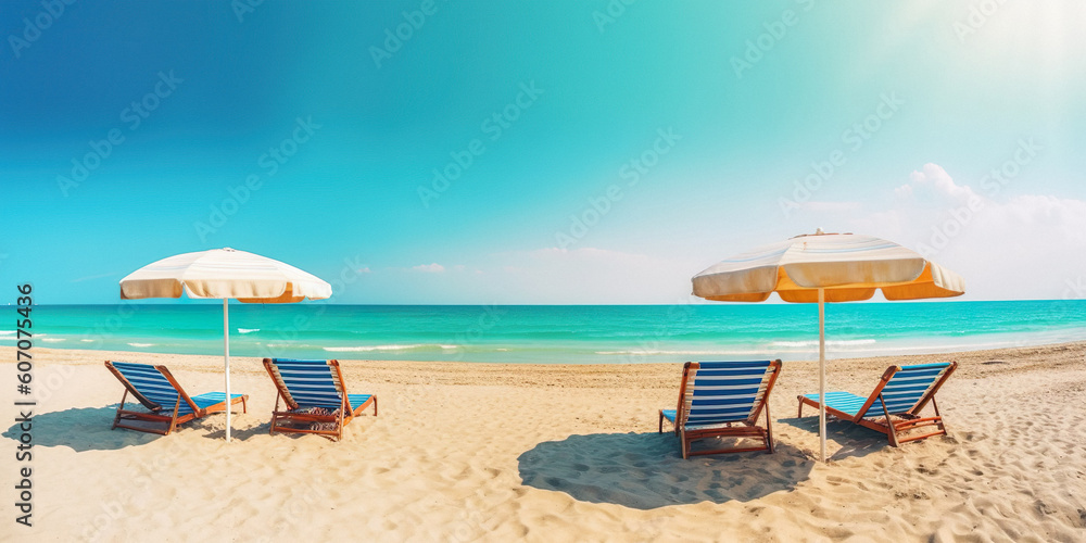 Beautiful beach banner. White sand, chairs and umbrella travel tourism wide panorama background concept. Amazing beach landscape. generative ai