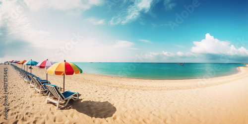 Beautiful beach banner. White sand  chairs and umbrella travel tourism wide panorama background concept. Amazing beach landscape. generative ai