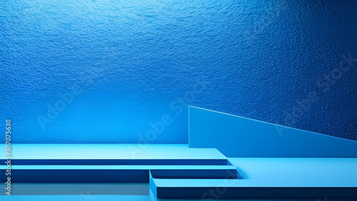 3d blue podium and minimal blue wall scene. 3d podium with minimal abstract background - AI Generative