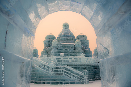 HARBIN, CHINA - January 1, 2022: Spectacular ice sculptures at the Harbin Ice and Snow Festival in Harbin, Heilongjiang Province, China photo