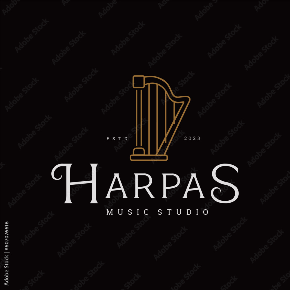 Elegant Golden Greek Harp logo design Lyre Classic Luxury Gold music instrument Elegant Golden Greek Harp logo design Lyre Classic Luxury Gold music instrument