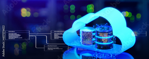3D cloud database server or cloud storage on blue background. cloud computing concept, data storage online network, database server, SQL. 3D rendering.
