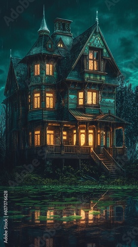 Scary mansion at night Generative AI © Dyeru