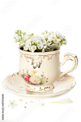 Porcelain tea cup with white flowers, flowers Generative AI