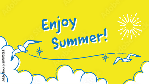 カモメの飛ぶ夏空のイラスト、夏のイメージの背景素材