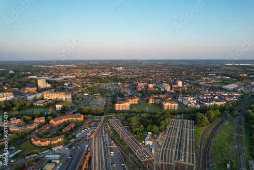 Beautiful Aerial Footage of Central Bedford City of England Great Britain of UK. The Downtown's Footage Was Captured with Drone's Camera from Medium Altitude from River Great Ouse on 28-May-2023. photo