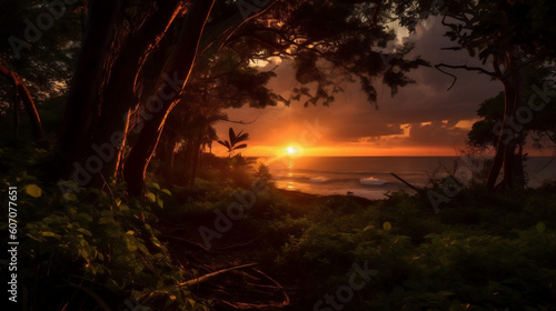 sunset in the forest infront of ocean 