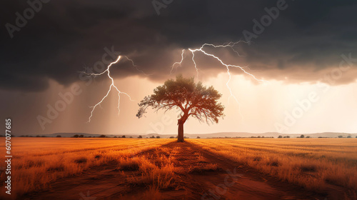 lightning in the field hitting a tree .