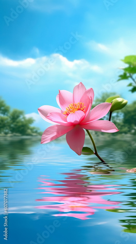 Beautiful pink waterlily or lotus flower against blue sky. Generative AI