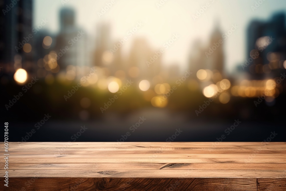 urban blurred background with bokeh and empty wooden table in the foreground urban blurred background with bokeh and empty wooden table in the foreground