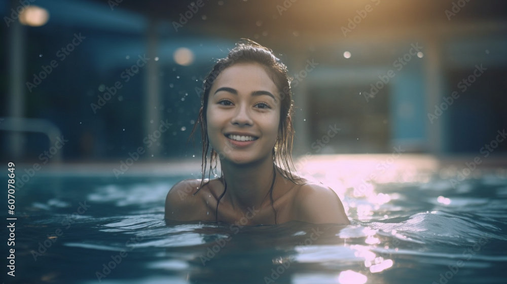 young adult woman in swimming pool in swimming pool enjoying swim vacation or wellness, joyful happy