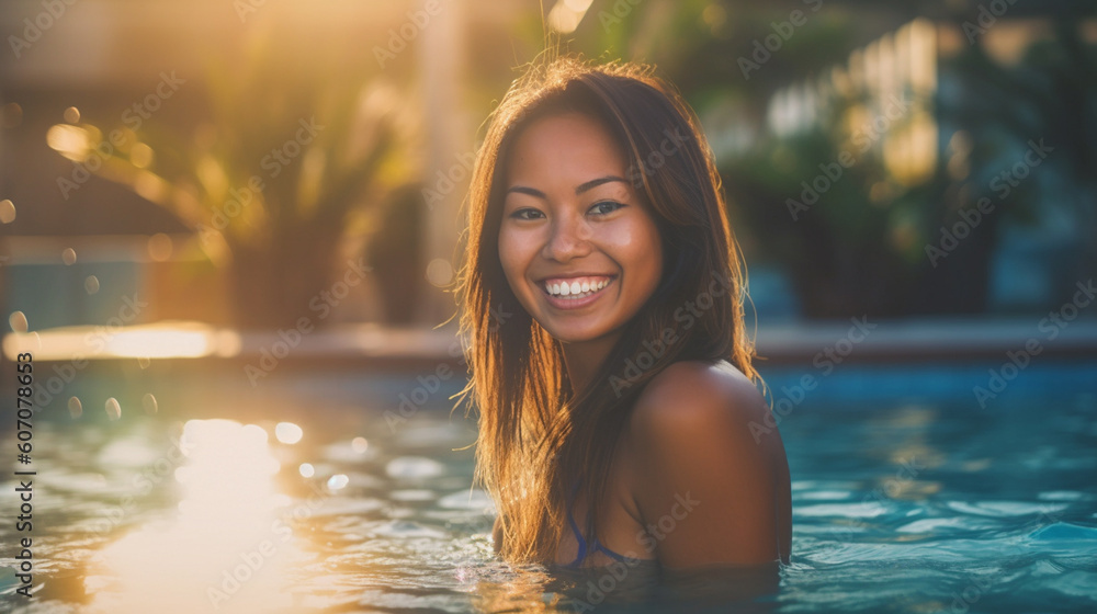 young adult woman in swimming pool in swimming pool enjoying swim vacation or wellness, joyful happy young adult woman in swimming pool in swimming pool enjoying swim vacation or wellness, joyful happy