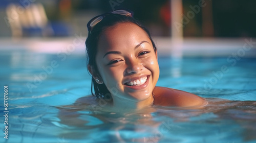young adult woman in swimming pool in swimming pool enjoying swim vacation or wellness  joyful happy