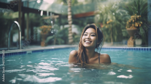 young adult woman in swimming pool in swimming pool enjoying swim vacation or wellness, joyful happy
