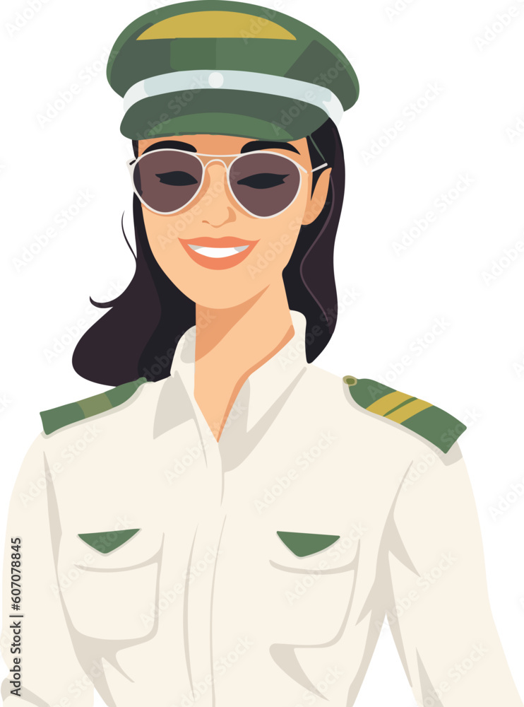 Smiling young woman pilot. Captain of passenger plane. Isolated flat vector design. Smiling young woman pilot. Captain of passenger plane. Isolated flat vector design.
