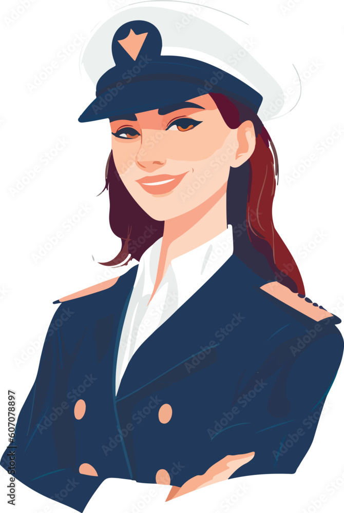 Smiling young woman pilot. Captain of passenger plane. Isolated flat vector design. Smiling young woman pilot. Captain of passenger plane. Isolated flat vector design.