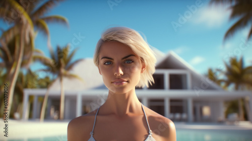 young adult woman in paradise on vacation on deserted beach, luxurious and beautiful, caucasian,