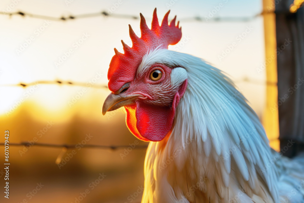 Rooster on a farm close-up at sunset or sunrise generative ai