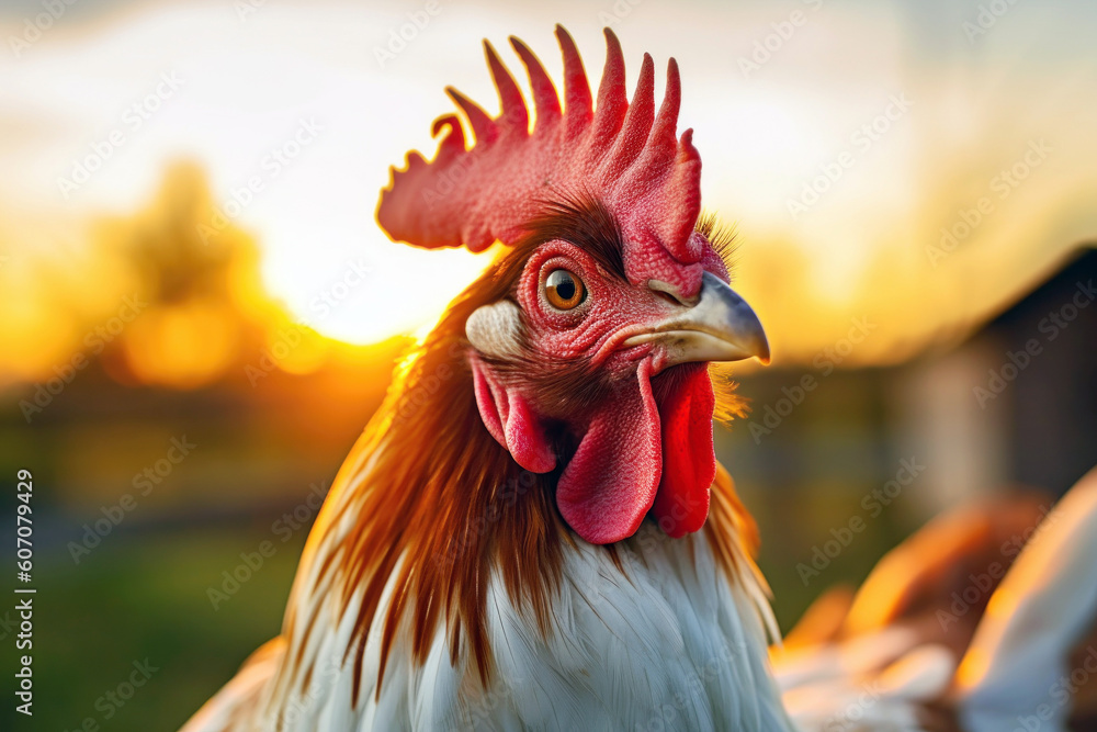 Rooster on a farm close-up at sunset or sunrise generative ai