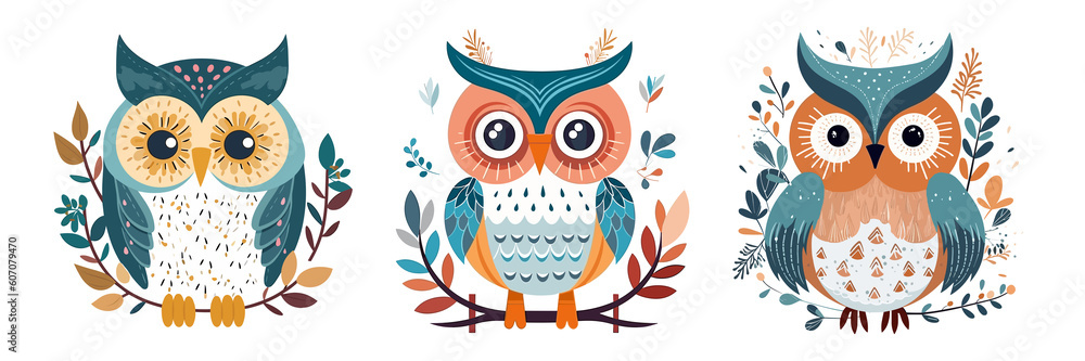 Fototapeta premium Owl illustration art clipart scandinavian style surrounded by branches and leaves set generative ai