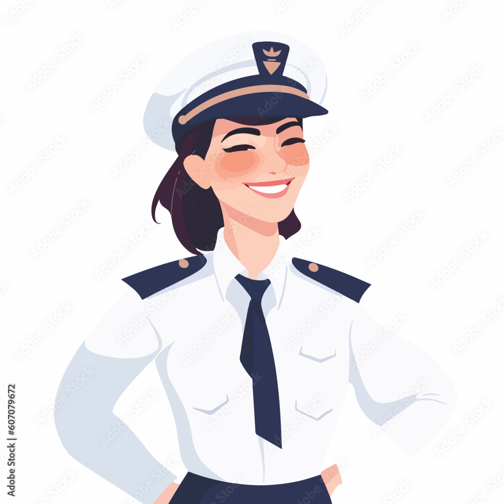 Smiling young woman pilot. Captain of passenger plane. Isolated flat vector design. Smiling young woman pilot. Captain of passenger plane. Isolated flat vector design.