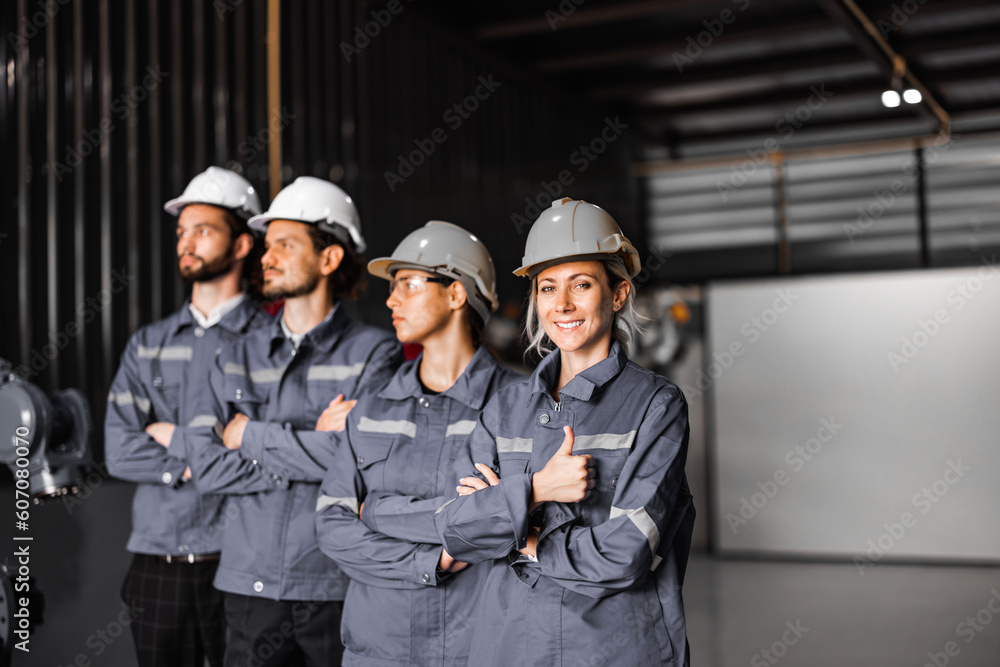 Confident robotic team, including women in non typically male-dominated field, crosses arms representing company's commitment to diversity and inclusion that accepts people all genders and cultures Confident robotic team, including women in non typically male-dominated field, crosses arms representing company's commitment to diversity and inclusion that accepts people all genders and cultures