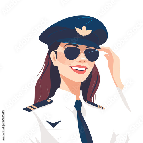 Smiling young woman pilot. Captain of passenger plane. Isolated flat vector design.
