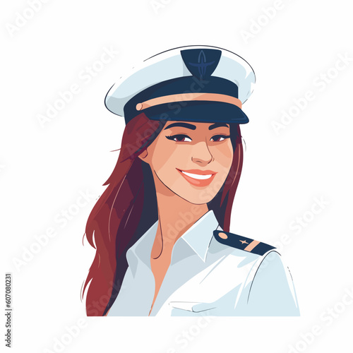 Smiling young woman pilot. Captain of passenger plane. Isolated flat vector design.