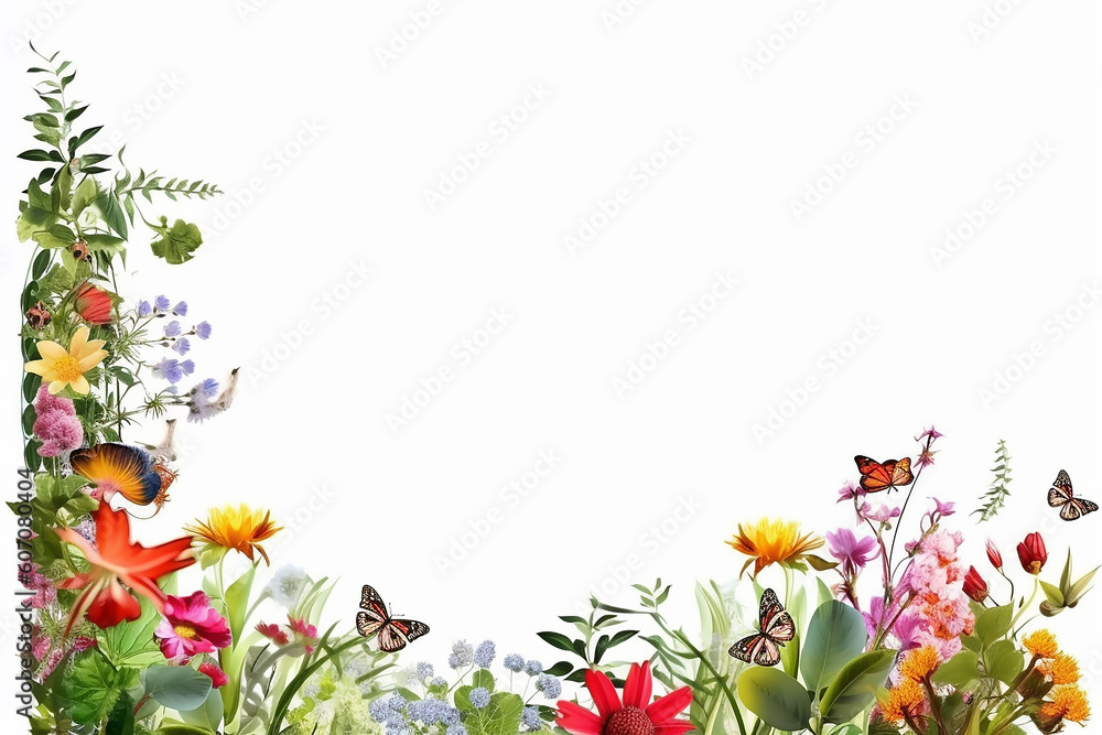 Fototapeta premium wild flower frame white background, generative AI