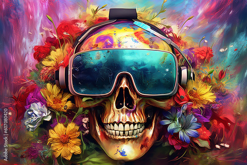 A skull in virtual reality glasses, colorful flowers around. The concept of the future is virtual reality. Generative AI.