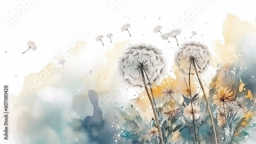 watercolor dandelions art light tones background wallpaper freedom of flight. Generative AI